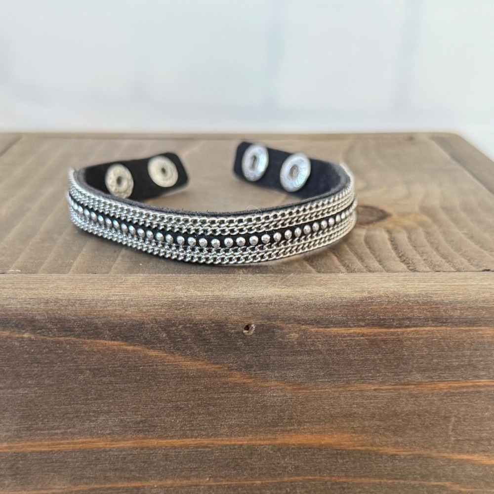 Bohemian Black Leather Silver-Tone Multi-Row Snap Cuff Bracelet